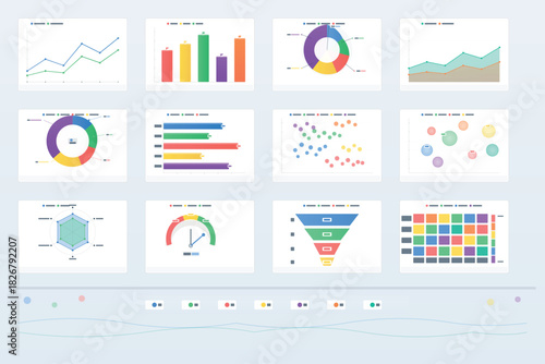 Colorful data visualization charts including line graphs bar charts pie diagrams and funnel charts