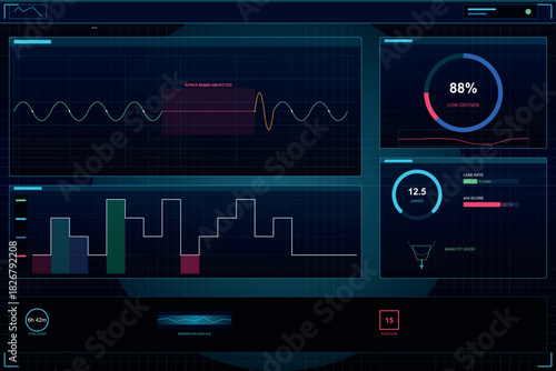 Futuristic medical dashboard displaying sleep apnea monitoring data and vital statistics