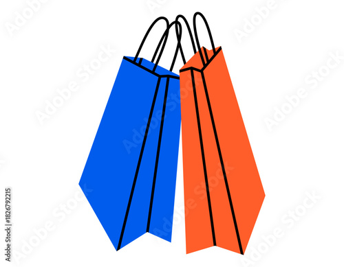 Hand drawn cute illustration of two shopping bags. Flat vector store or retail sticker doodle. Sale advertising concept. Customer payment icon or print. Paper boutique package. Isolated.