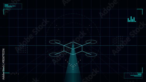 Futuristic heads up display screen showing a glowing wireframe drone model on a dark grid background