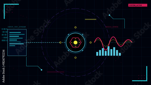 Futuristic user interface screen displaying data processing streams and audio synthesis visualization