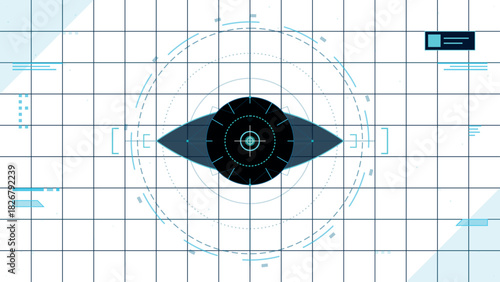 Futuristic digital eye scanning interface with HUD elements on a white grid background