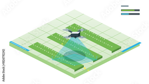 Isometric agricultural drone monitoring crop health and analyzing data for smart farming