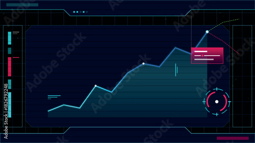 Dark futuristic dashboard screen displaying a rising trend line and analytical data metrics