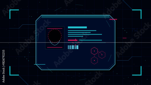 Futuristic digital identity card interface with holographic data fields and grid background