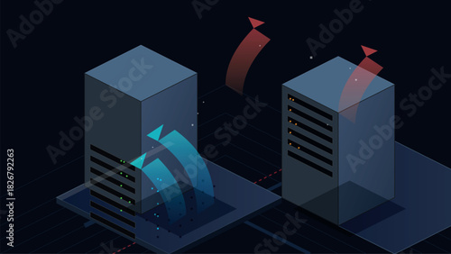 Isometric data flow and communication between two dark server racks in a digital network