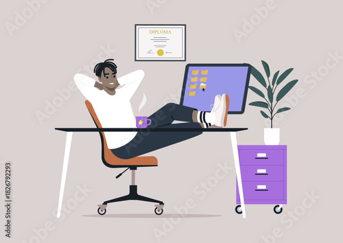 Person enjoys a break at their stylish desk, comfortably lounging with feet resting on the surface while sipping from a coffee cup, A monitor displays notifications in the background.