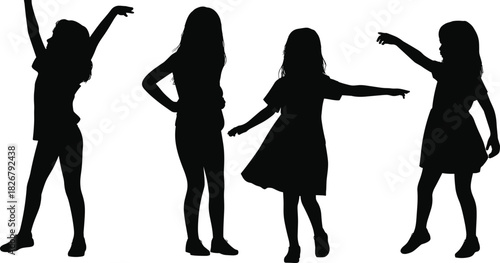 Four playful girls posing in expressive silhouette positions, celebrating youthful energy, creativity, movement, freedom, fun, joy, dance, confidence, and imagination
