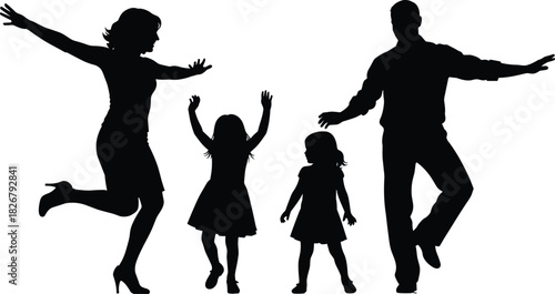 Joyful family silhouettes dancing together outdoors, celebrating happiness, playful parents and children enjoying fun moments, energetic movement expressing unity and lively bonding
