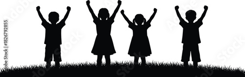 Joyful children silhouettes raising hands together outdoors, unity teamwork celebration concept, happy kids standing on grass in summer sunlight background illustration