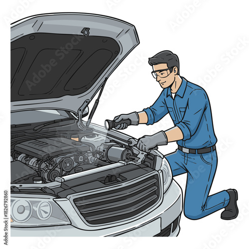 Professional auto mechanic in a blue uniform inspecting a car engine with a flashlight during a vehicle maintenance service