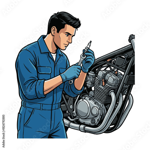Motorcycle Mechanic Repairing an Engine Detailed Illustration