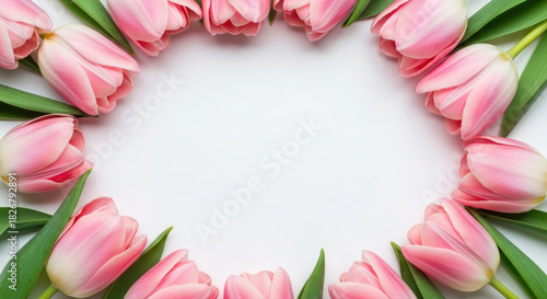 Wallpaper Mural Light pink blooming tulips creating a vibrant oval frame on white background, perfect for spring holiday greetings, Mother's Day, or Easter cards. Torontodigital.ca