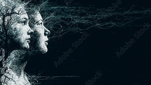 Deux femmes avec branche regardant vers la droite