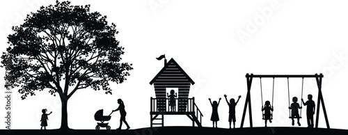 Peaceful family park scene with children playing, people walking, stroller silhouette, playground swings, large tree and joyful outdoor activity in nature