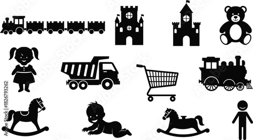 Playful collection of black silhouette icons featuring children’s toys, castles, trains, animals, baby figures, and shopping cart elements for creative designs