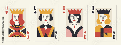 queens of hearts, diamonds, clubs, spades, vector flat cartoon illustrations