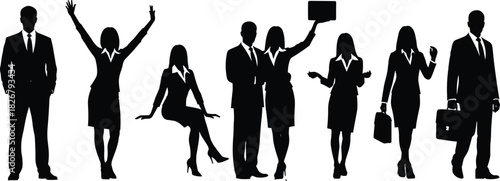 Professional business team silhouettes standing, celebrating, presenting, and walking with confidence, showcasing teamwork, leadership, corporate success, motivation,