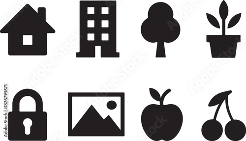 Tree house gallery lock banana and other fruits vector icons