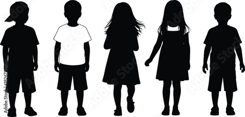 Silhouette group of children standing together in various poses, representing unity, childhood diversity, friendship, teamwork, innocence, and youth development themes.