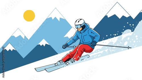 Downhill Skiing Scene with Snowy Mountain Landscape and Active Skier in Winter Gear
