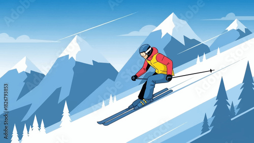 Downhill Skiing Scene with Snowy Mountain Landscape and Active Skier in Winter Gear