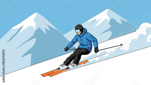 Downhill Skiing Scene with Snowy Mountain Landscape and Active Skier in Winter Gear