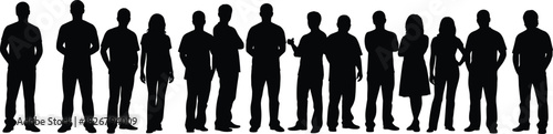 Silhouette group of diverse standing people in various casual poses, teamwork and community concept, isolated black figures on white background for design