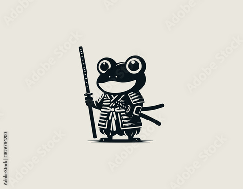 A serious black frog samurai warrior character wearing traditional Japanese armor and a helmet holding a sheathed katana sword in a bold minimalist vector graphic style.