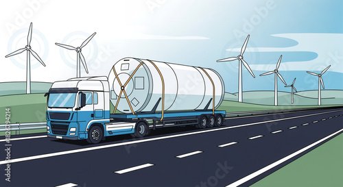 Truck Transporting Large Tank on Highway with Wind Turbines: Green Energy Logistics