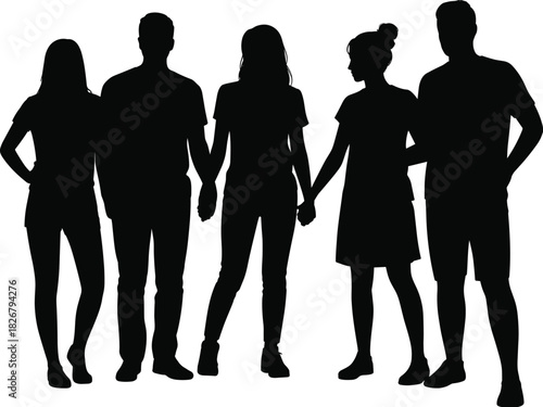 Silhouette group of diverse young people standing together holding hands, unity teamwork friendship community support concept, isolated black figures on white background