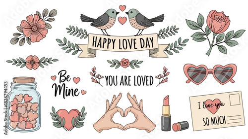 A collection of hand-drawn romantic illustrations featuring birds, hearts, flowers, and love messages for Valentine's Day.