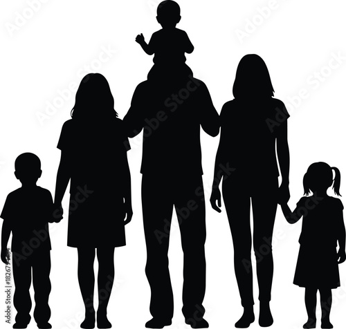 Silhouette of a united family standing together holding hands, symbolizing love, parenthood, childhood connection, support, togetherness, bonding, and caring relationships