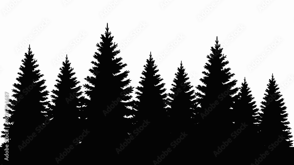 Obraz premium Pine forest tree line silhouette, evergreen landscape vector background