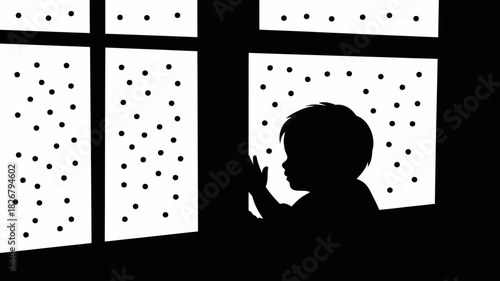  Child silhouette watching snowfall at window, cozy winter home vector