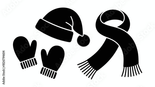  Winter hat scarf and mittens silhouette, warm clothing accessories vector