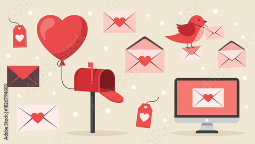 A charming illustration depicting various elements of love and communication, including a heart balloon, mailbox, bird, envelopes, and a computer screen.