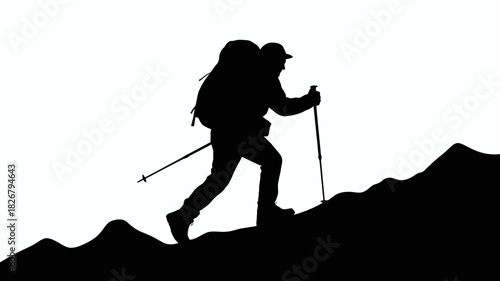  Hiker with backpack and trekking poles climbing mountain ridge, adventure silhouette vector