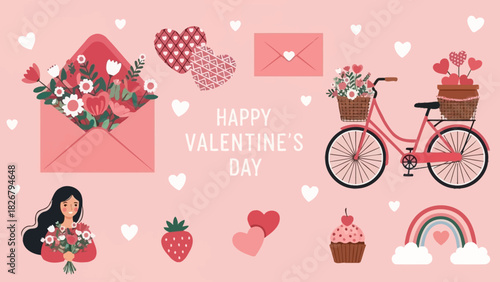 A charming collection of Valentine's Day themed illustrations featuring hearts, flowers, a bicycle, and a woman, all on a soft pink background.