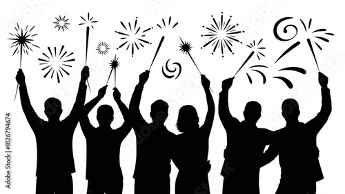 Group holding sparklers with fireworks, festive party silhouette vector