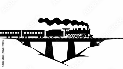 Vintage steam train crossing bridge, railway travel silhouette vector
