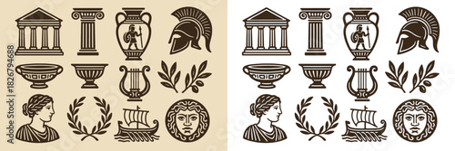 Ancient Greek Icons – Temples, Vases, Helmet, Laurel Wreaths & Classical Art Vector Set