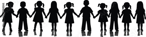 Silhouette of diverse children holding hands in unity, teamwork, friendship, community support, childhood bonding, togetherness concept on white background