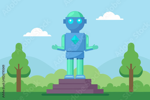 Cartoon holographic statue park vector illustration