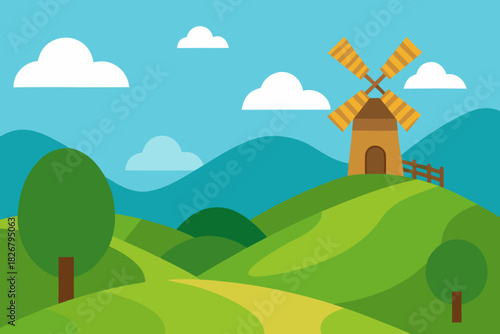 Cartoon hillside windmill farm vector illustration