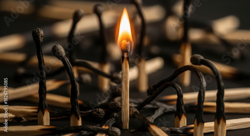 A solitary glowing match ignites hope and new life, prominently standing among a dark, chaotic cluster of burnt and unburnt matchsticks.