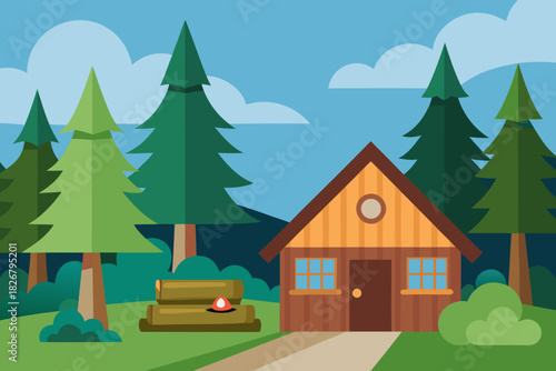Cartoon cozy forest cabin yard vector illustration