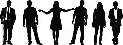 Silhouetted diverse business people standing together in a row, teamwork concept, professional group collaboration scene with men and women