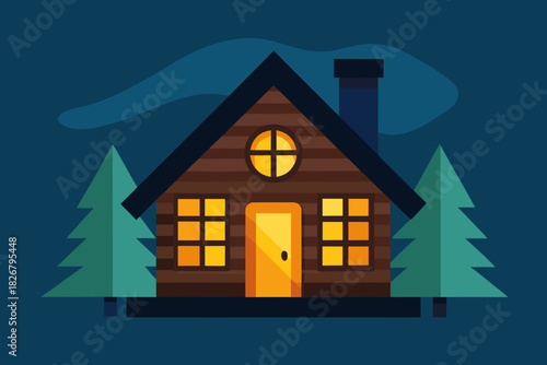 Cartoon warm cabin window glow vector illustration