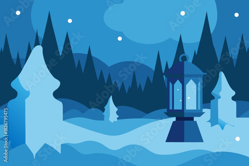 Cartoon frozen lantern forest vector illustration